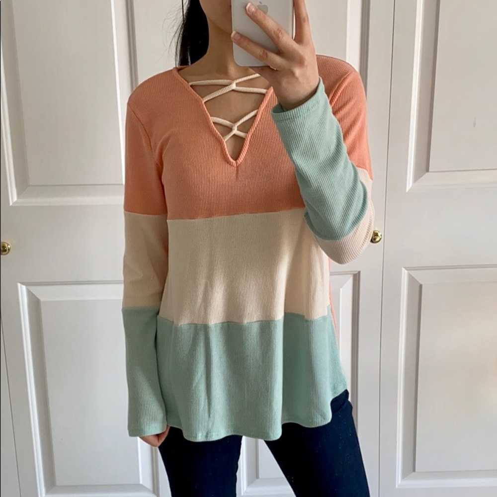 SWEETHEART - Pastel Colors Striped Laced V-Neck Spring Blouse